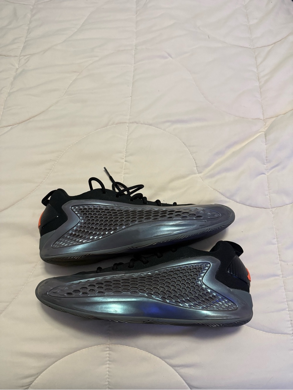 adidas Men's Iridescent Gray and Black Athletic Shoes with Orange Heel Accent